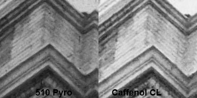 510 Pyro grain vs Caffenol CL grain at high magnification.