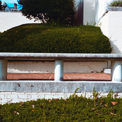 A concrete bench on a terrace with green shrubbery.